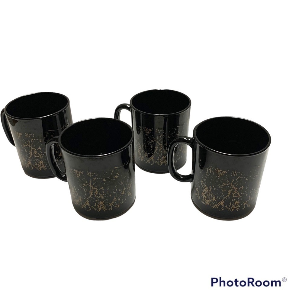 Set of 4 Vintage French Black Gold Glitter Spray Art Coffee Mugs Made In France